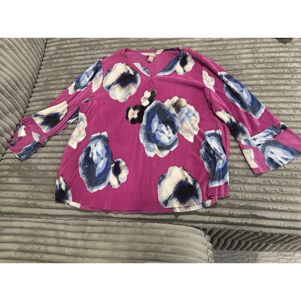 Chico's Blouse Top Pink Floral Ribbed Shiny V-Neck Women 4 (XXL) Career Travel